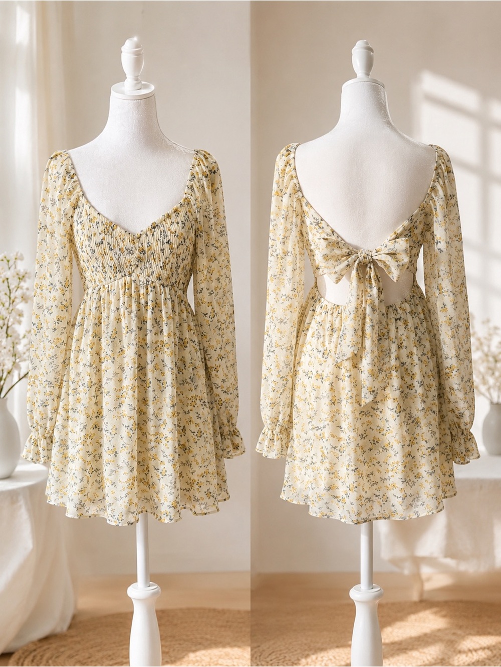 Allison & Kelly Romantic Ditsy Floral Smocked Sheer Long Sleeve Dress NEW